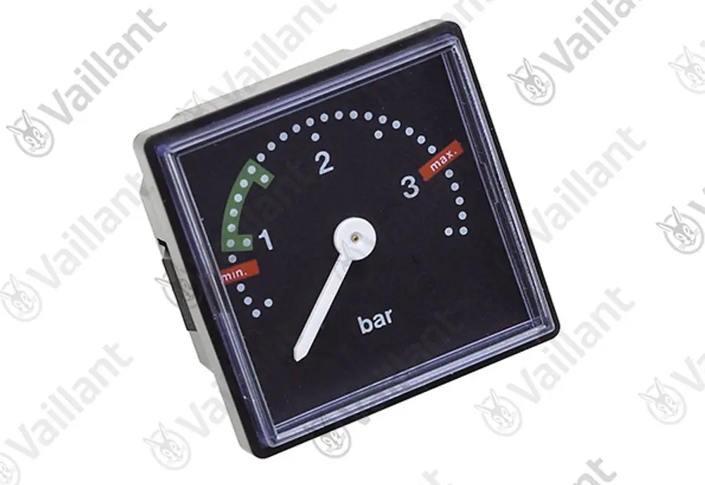 Vaillant-Manometer mit quadratischem Gehäuse und Skala, die Druckwerte von 0 bis 3 bar anzeigt. Der Zeiger befindet sich zwischen den Minimum- und Maximum-Markierungen.